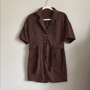 PRETTYLITTLETHING NWT: Brown Short Sleeve Utility Romper, 100% cotton